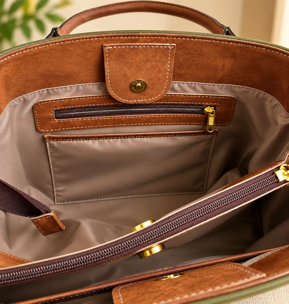 Interior da Bolsa Julie com bolso com zíper, botão magnético e divisória central