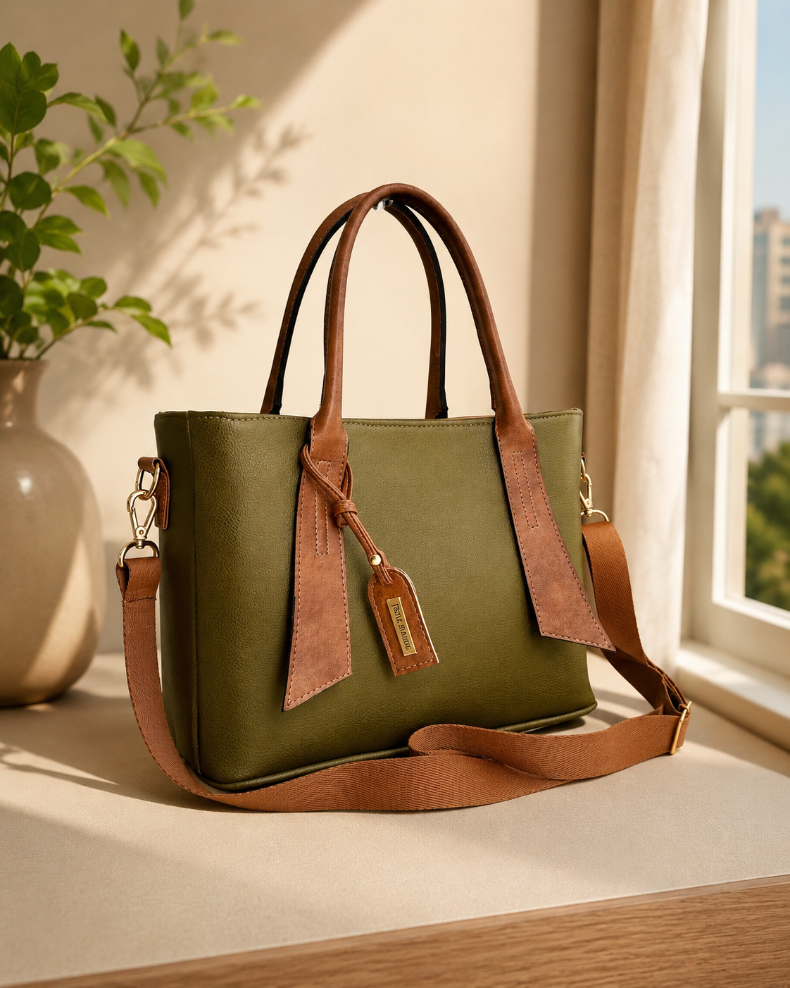 Bolsa Julie verde oliva vista de frente com alças caramelo