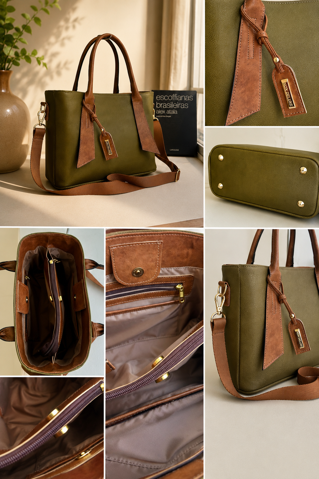 Composição de detalhes da Bolsa Julie: frente, tag decorativa, base com pés metálicos, interior e alça transversal